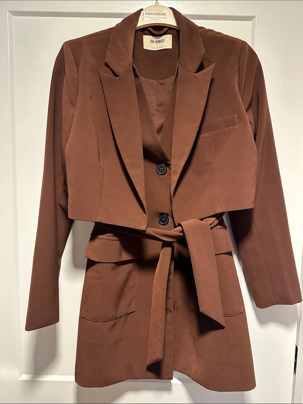Cropped Tie-Waist Mini Dress Blazer in Brown by BLANK